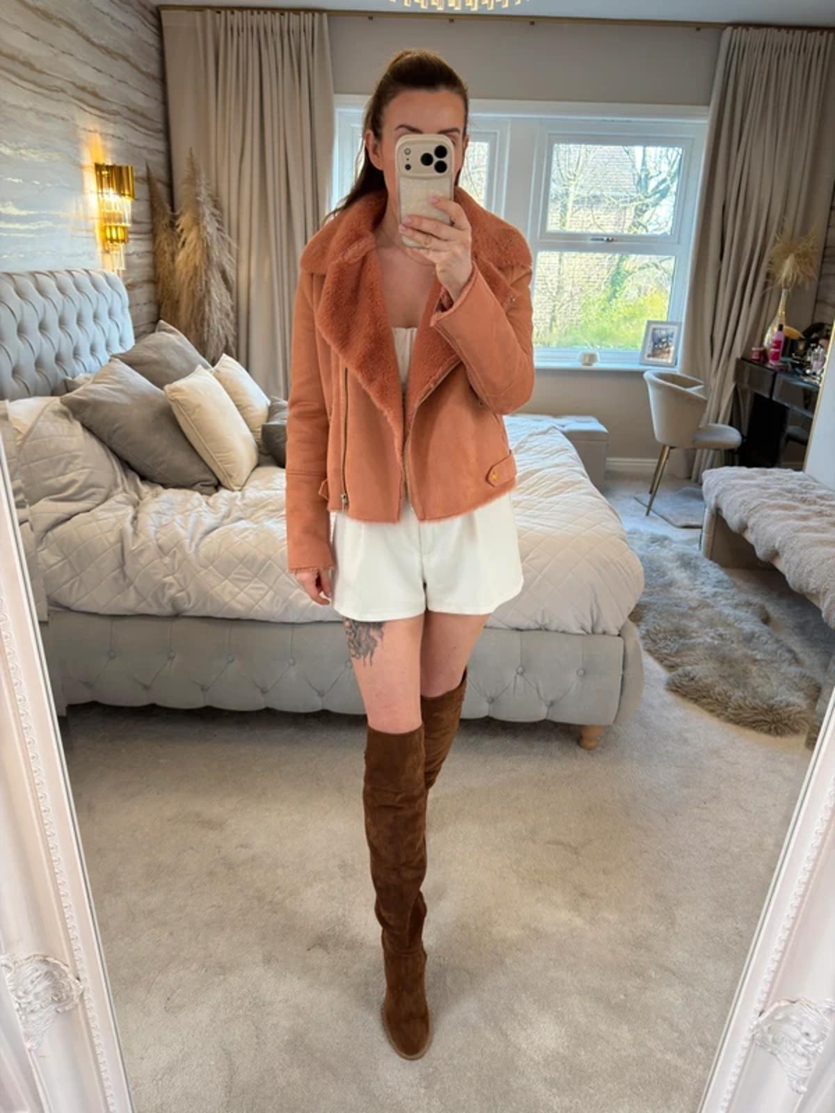River Island Pink Faux Fur & Suede Biker Jacket 10
