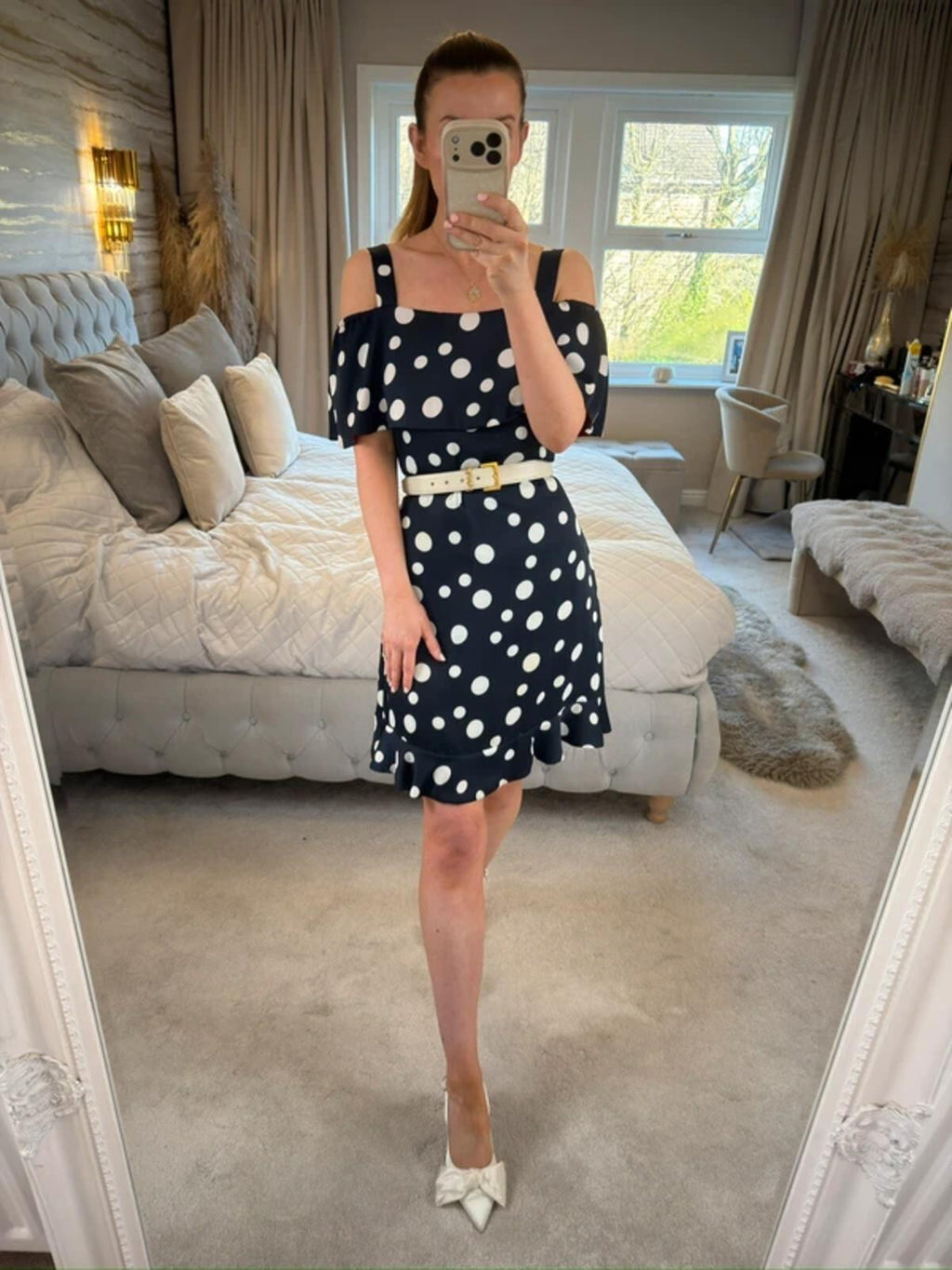 Michaela Louisa Navy & White Polka Dot Dress Small