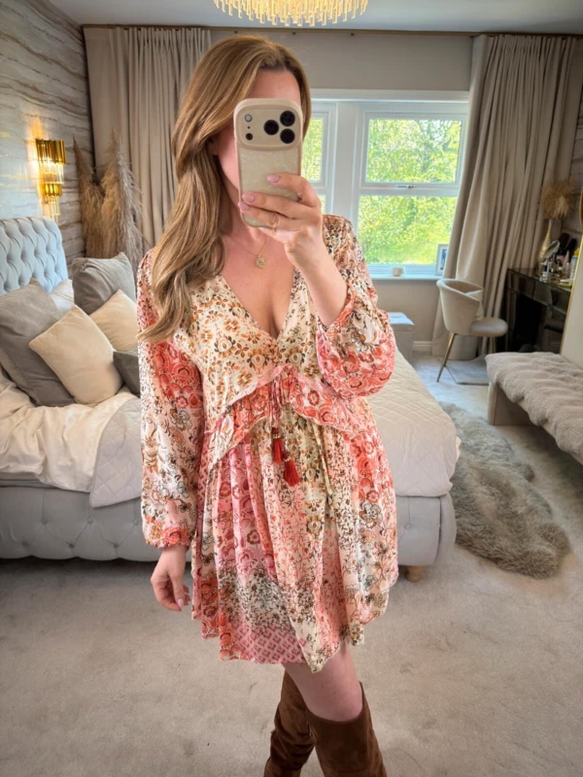 Zara Cream & Pink Boho Mini Dress Small