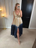 Gold & Silver Paris Beige & Navy Silver Sequin Maxi One Size