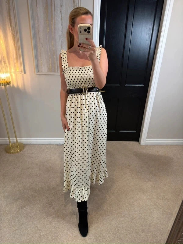 Zara Cream & Black Polka Dot Midi Dress Small