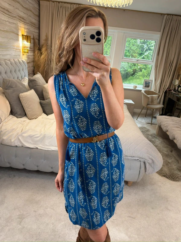 Beach Lunch Lounge Blue Tassel Boho Mini Dress XS