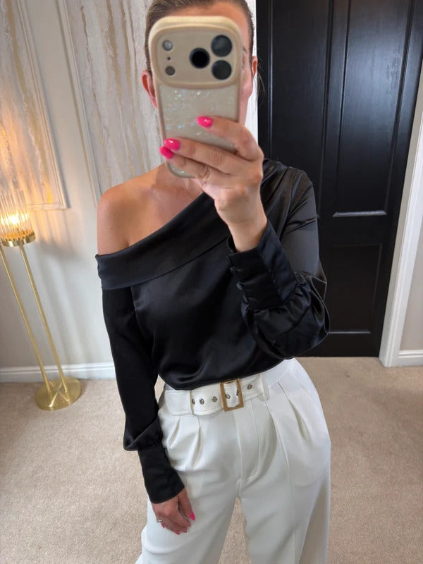 River Island Black Satin Off The Shoulder Blouse 8