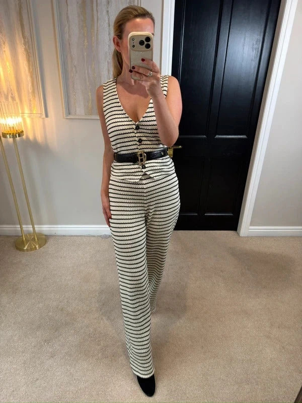 Mango Black & Cream Stripe Crochet Knitted Co Ord Set M/L