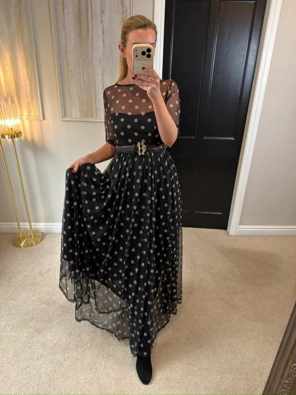 Floryday Black & White Polka Dot Mesh Maxi Dress Medium