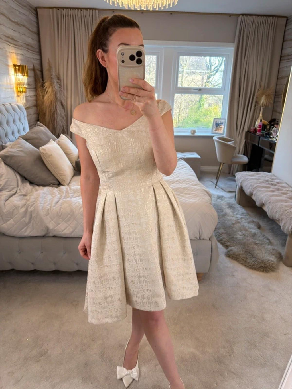 Coast Ivory & Gold Dip Hem Dress 12