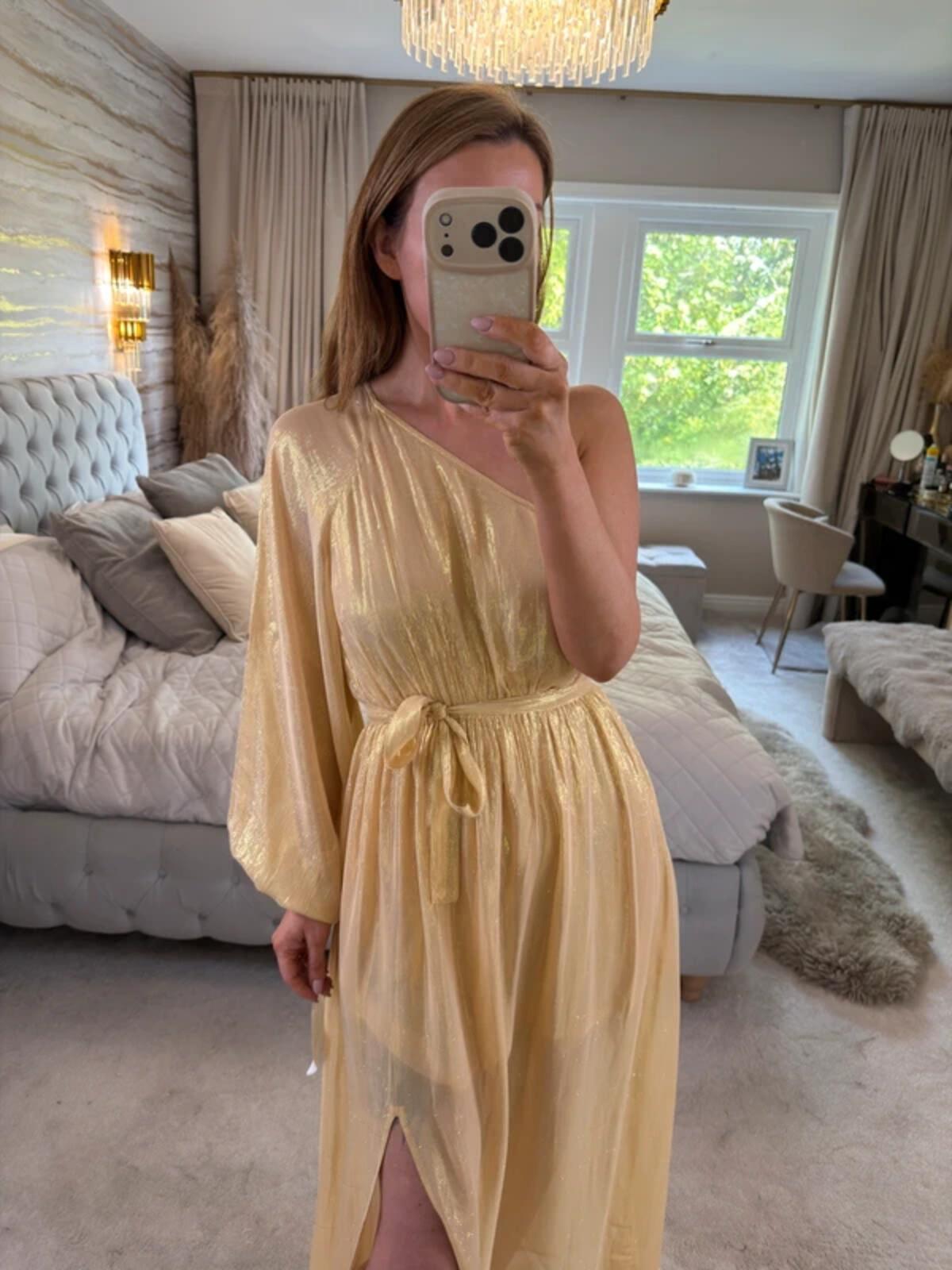 BNWT Sundress Gold Metallic One Shoulder Belted Dress Small