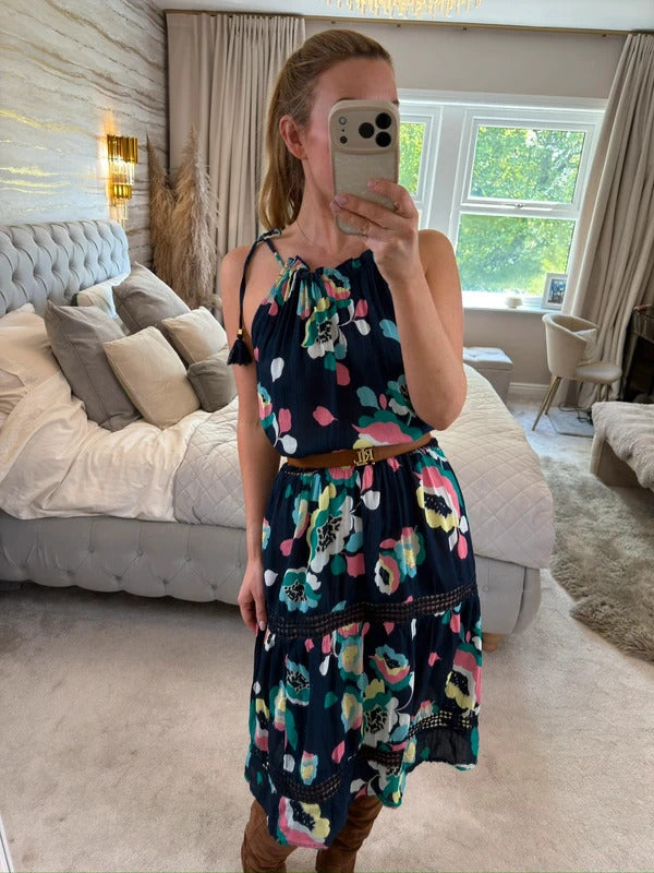 M&S Navy Floral Tassel Beach Sundress 8