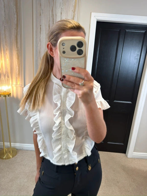 Boohoo Cream Semi Sheer Frill Blouse 6