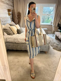 Cream & Blue Stripe Belted Midi Dress 12