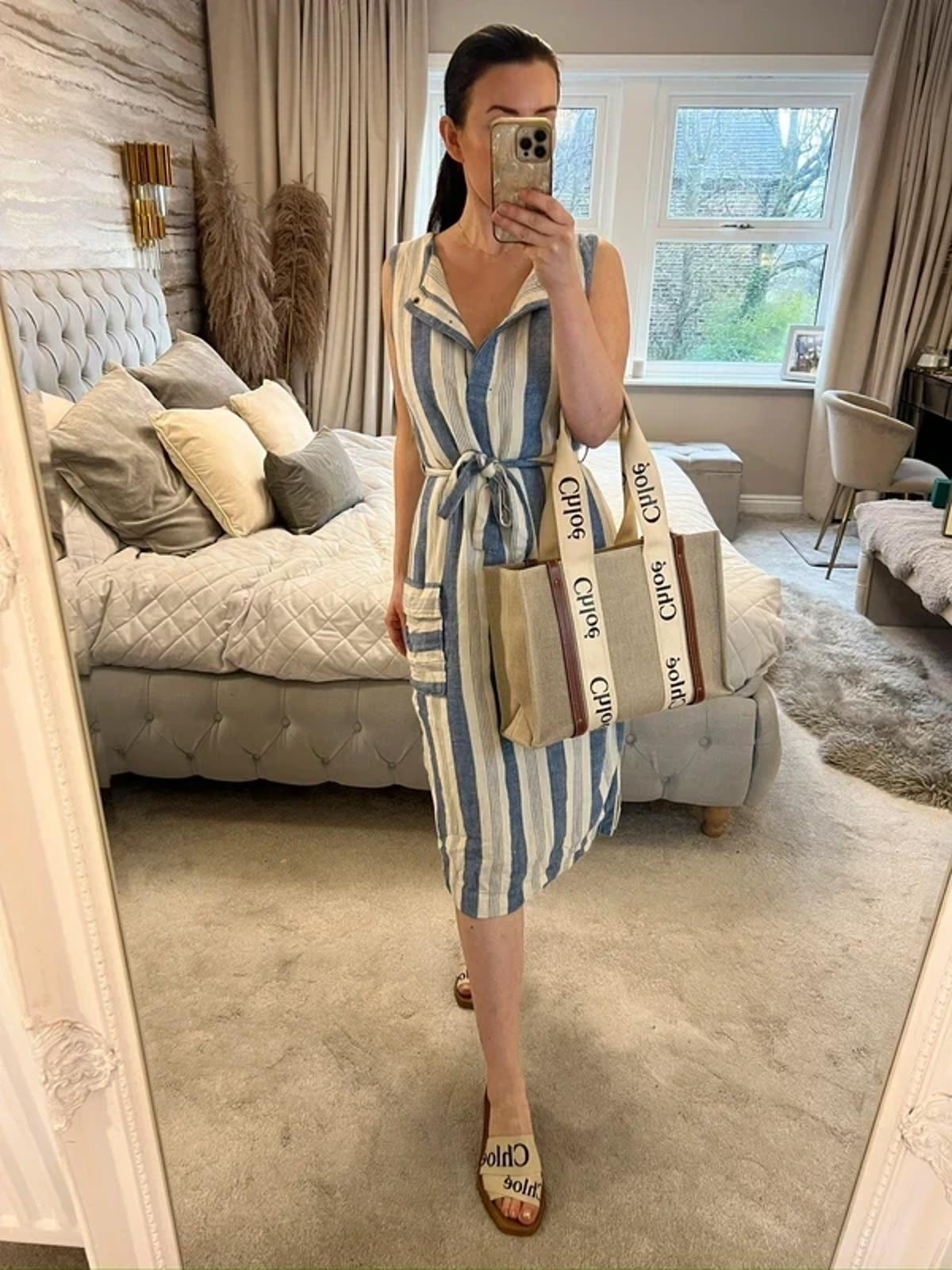 Cream & Blue Stripe Belted Midi Dress 12
