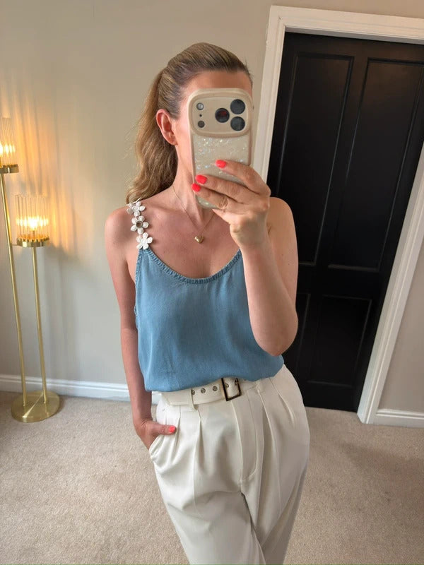 Boutique Light Denim Flower Blouse One Size
