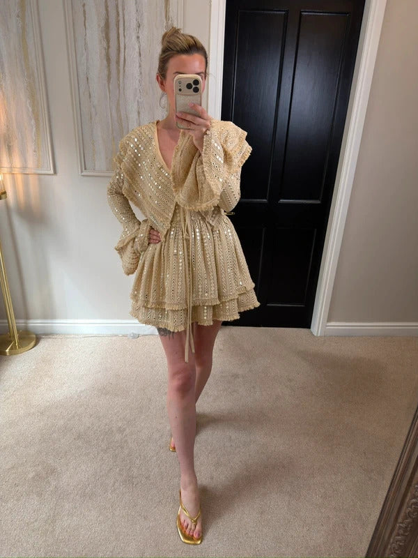 Gypsabella Beige / Gold Portia Boho Embellished Dress Small