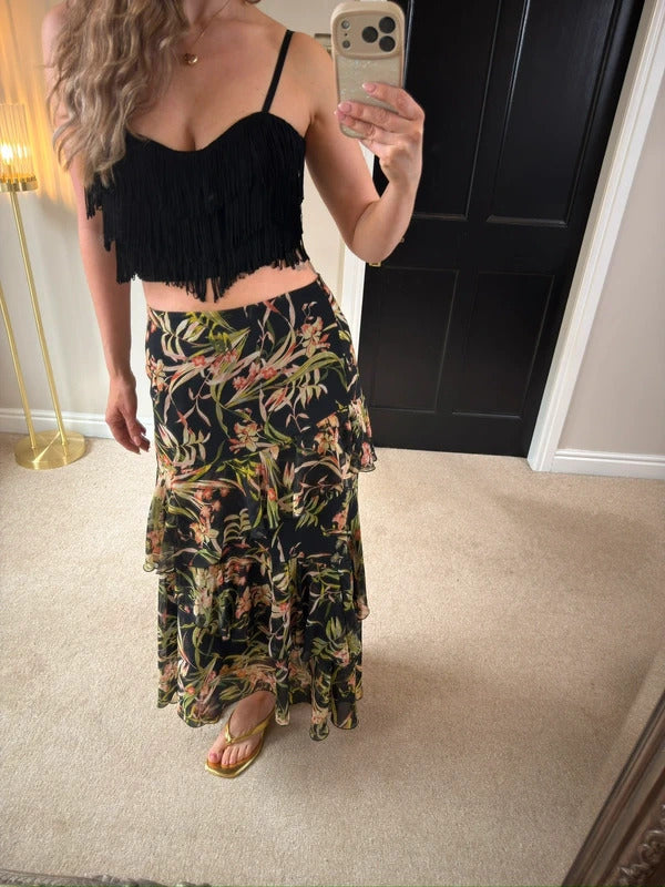 M&S Black Floral Tiered Maxi Skirt 10