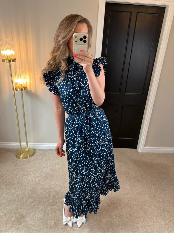 Anne Louise Boutique Navy & White Heart Frill Midi Dress 10