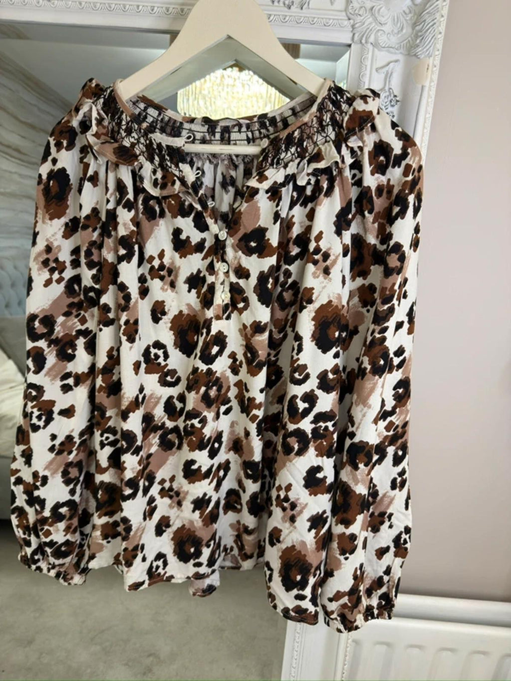 White & Brown Boho Animal Print Blouse 16
