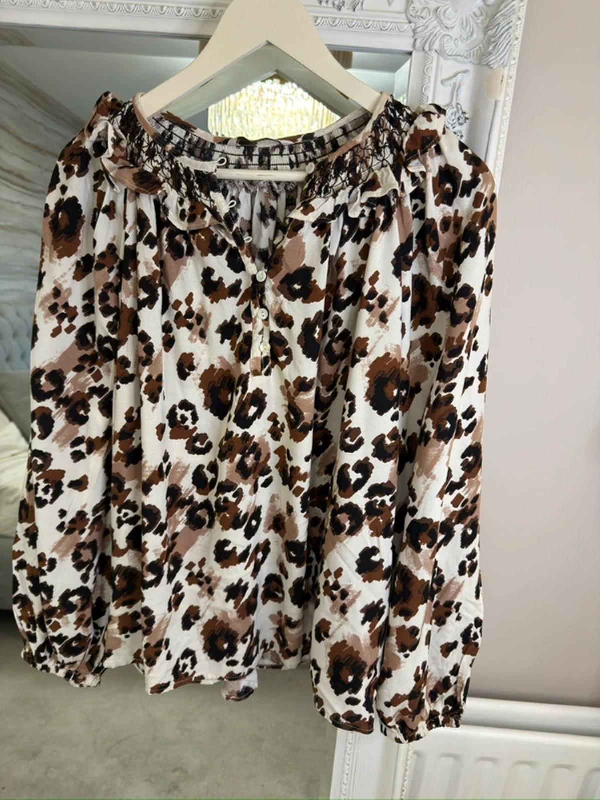 White & Brown Boho Animal Print Blouse 16