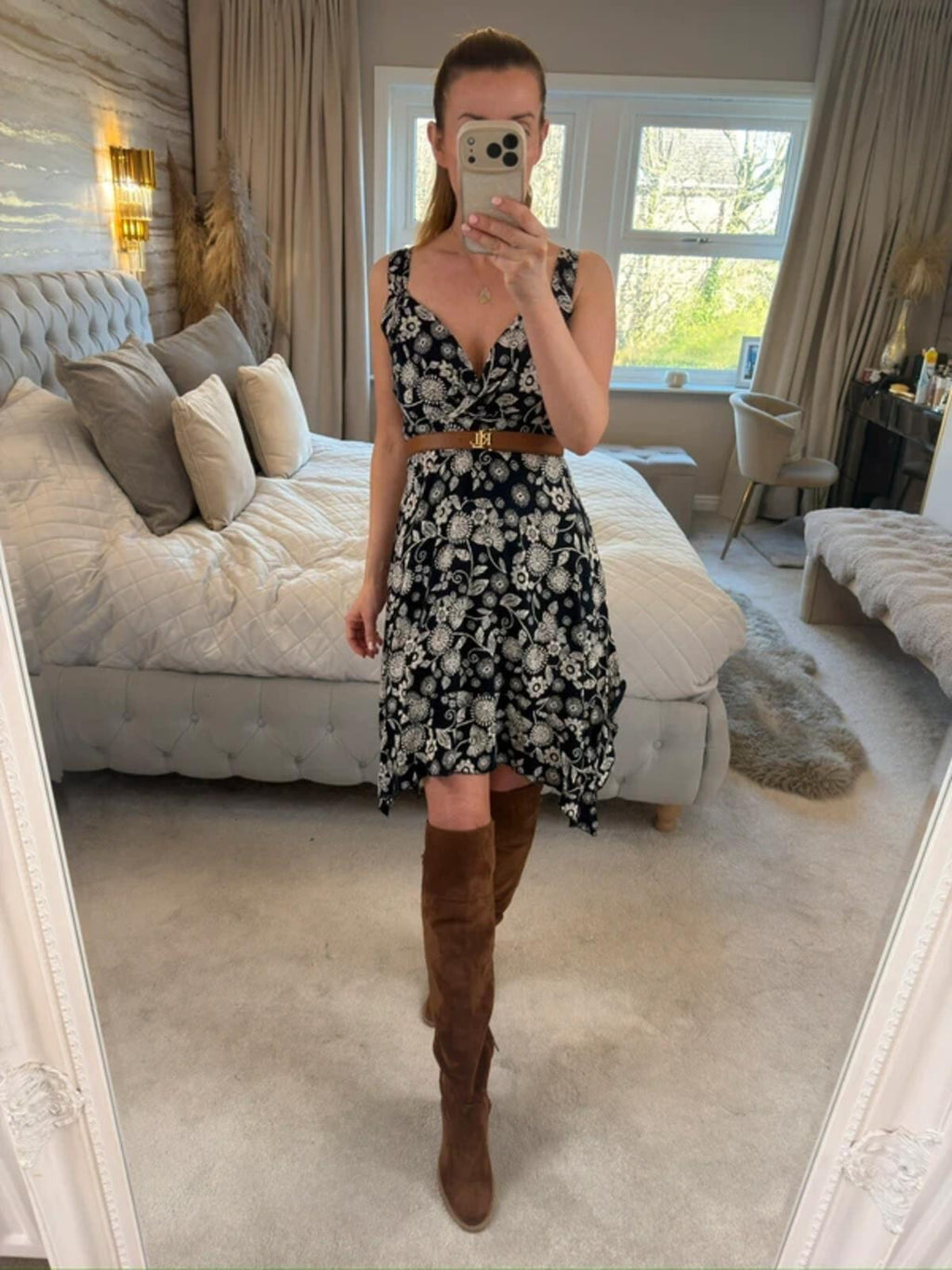Apricot Navy Floral Asymmetrical Hem Dress 8
