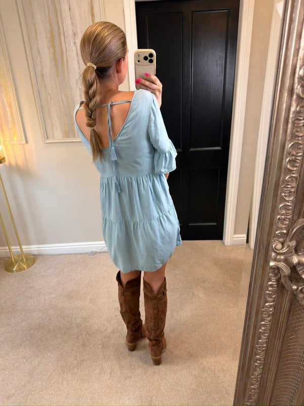 Accessorize XS Light Denim Embroidered Boho Mini Dress XS
