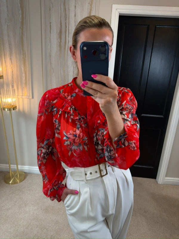 French Connection Red Sheer Floral Frill Blouse 10