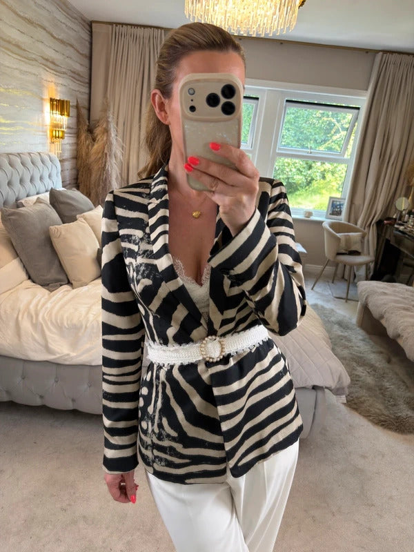 Zara Black & Cream Animal Print Blazer Small