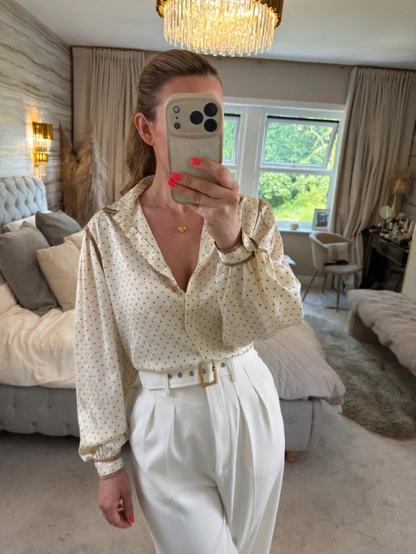 Vintage Aquascutum Cream & Brown Paisley Polka Dot Blouse Medium