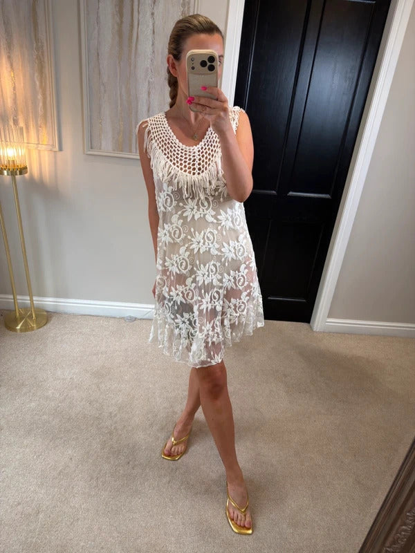 Boutique Ivory Sheer Lace Fringe Mini Dress One Size