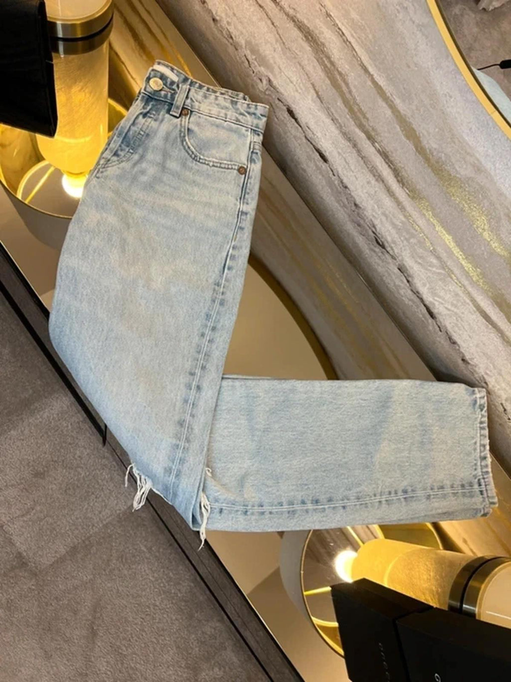 Zara Light Denim Mid Rise Ripped Straight Jeans 6