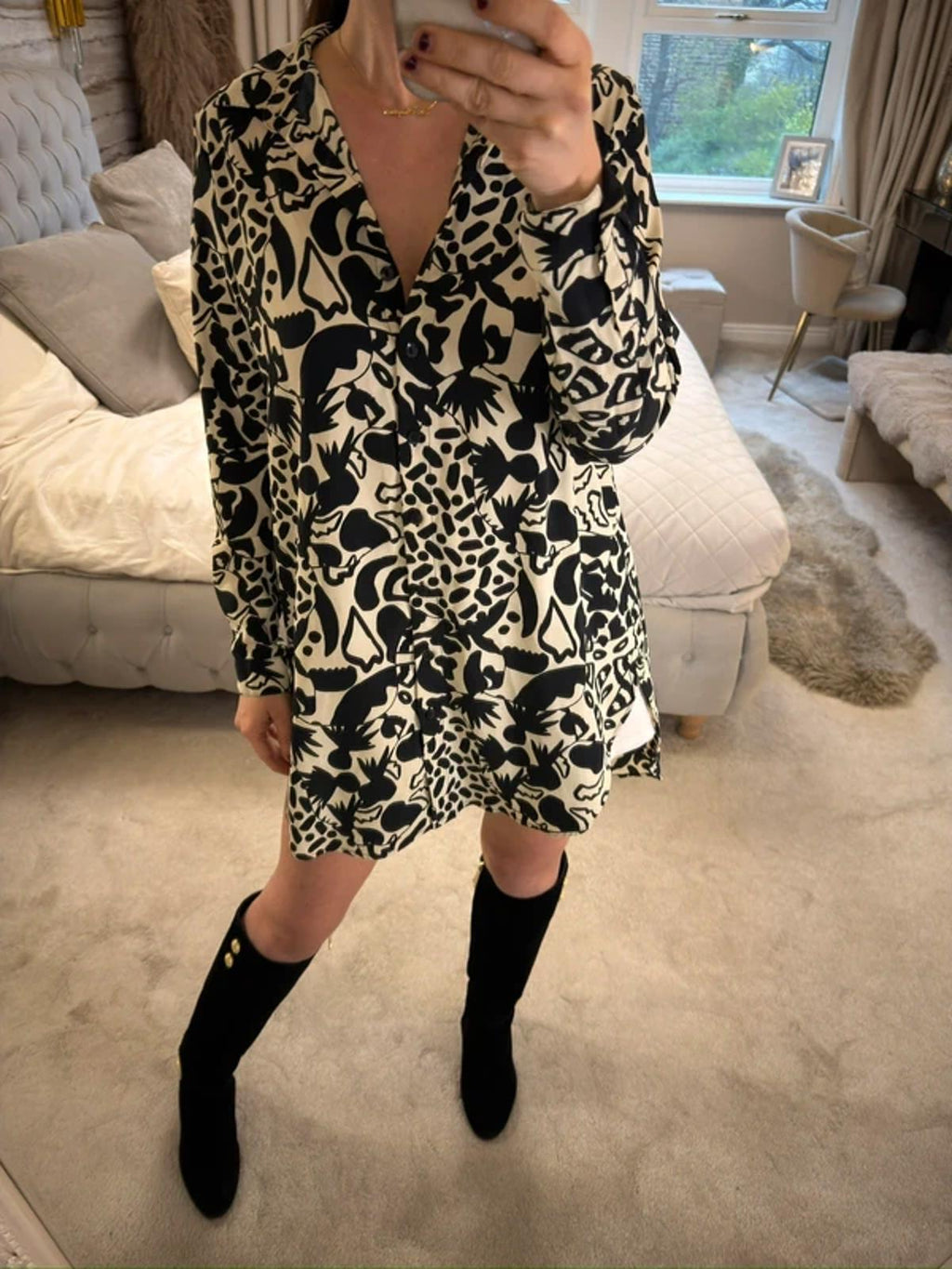 Monki Cream & Black Oversized Shirt XS
