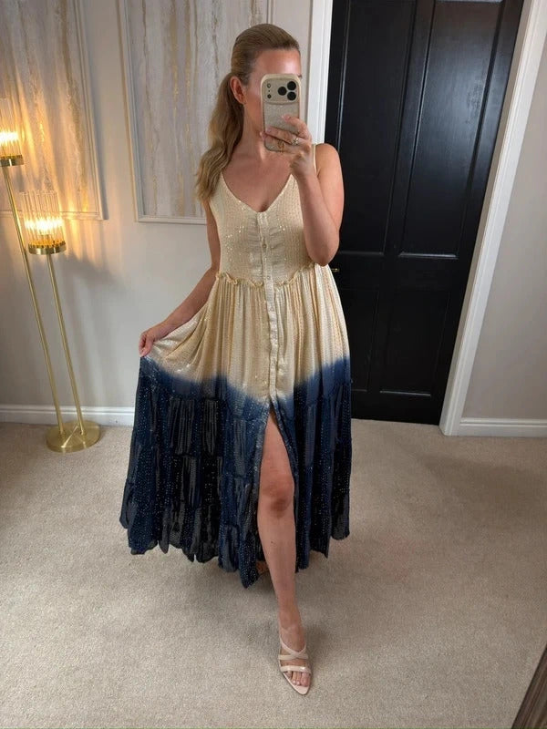Gold & Silver Paris Beige & Navy Silver Sequin Maxi One Size