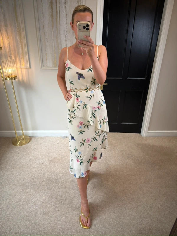 M&S White Floral & Bird Layered Midi Slip Dress 10