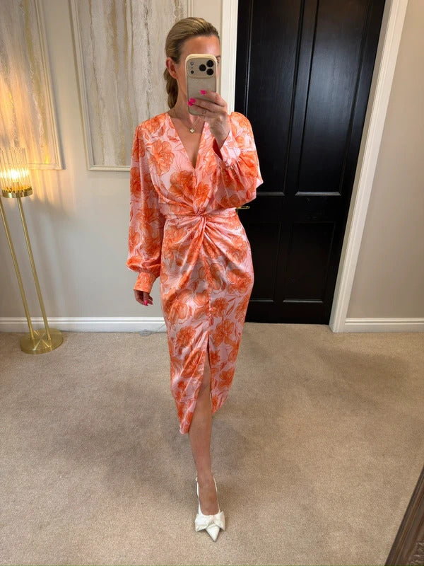 River Island Pink Floral Satin Knot Midi Dress 12