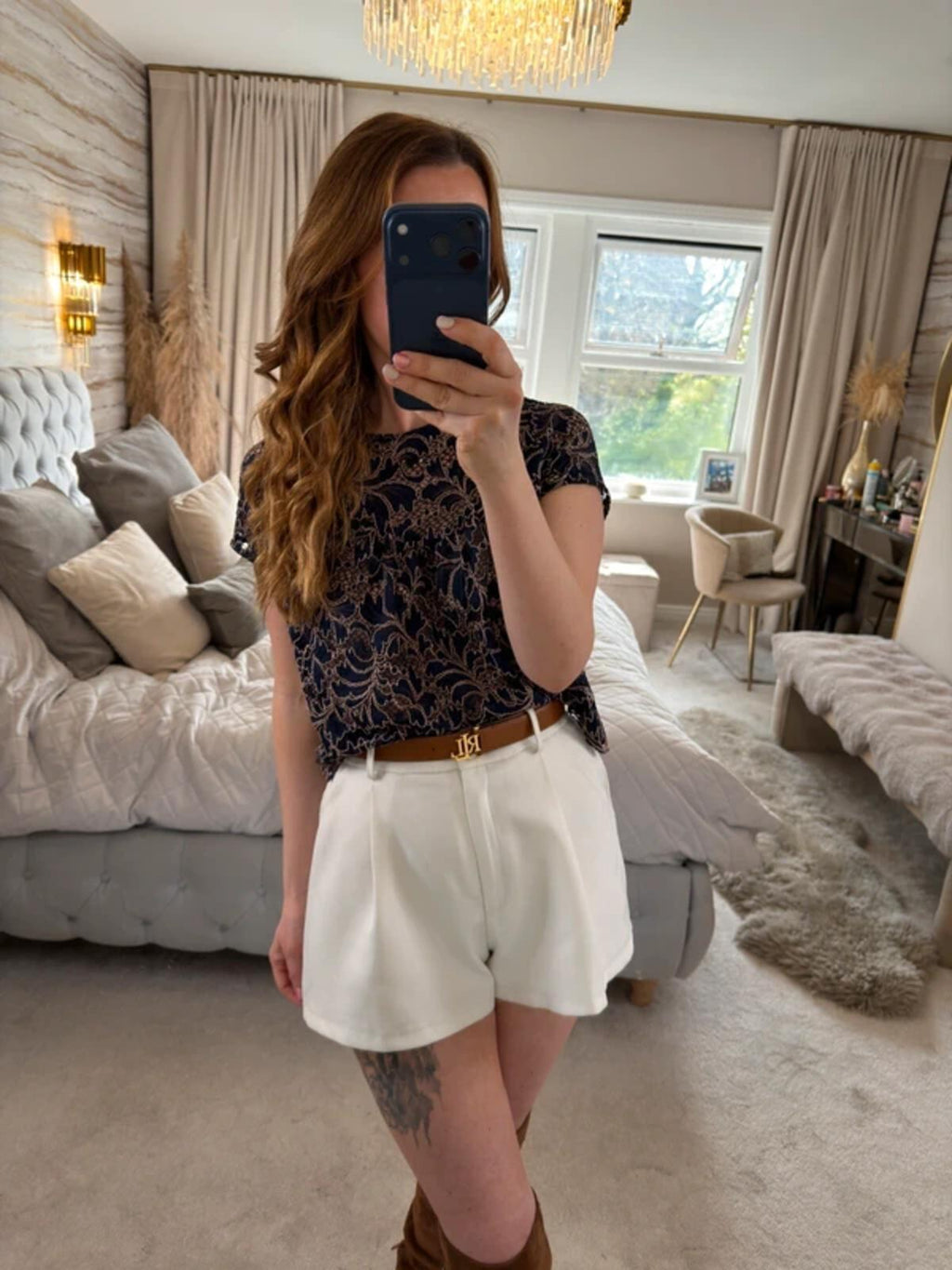 Zara Navy Semi Sheer Lace Blouse Small