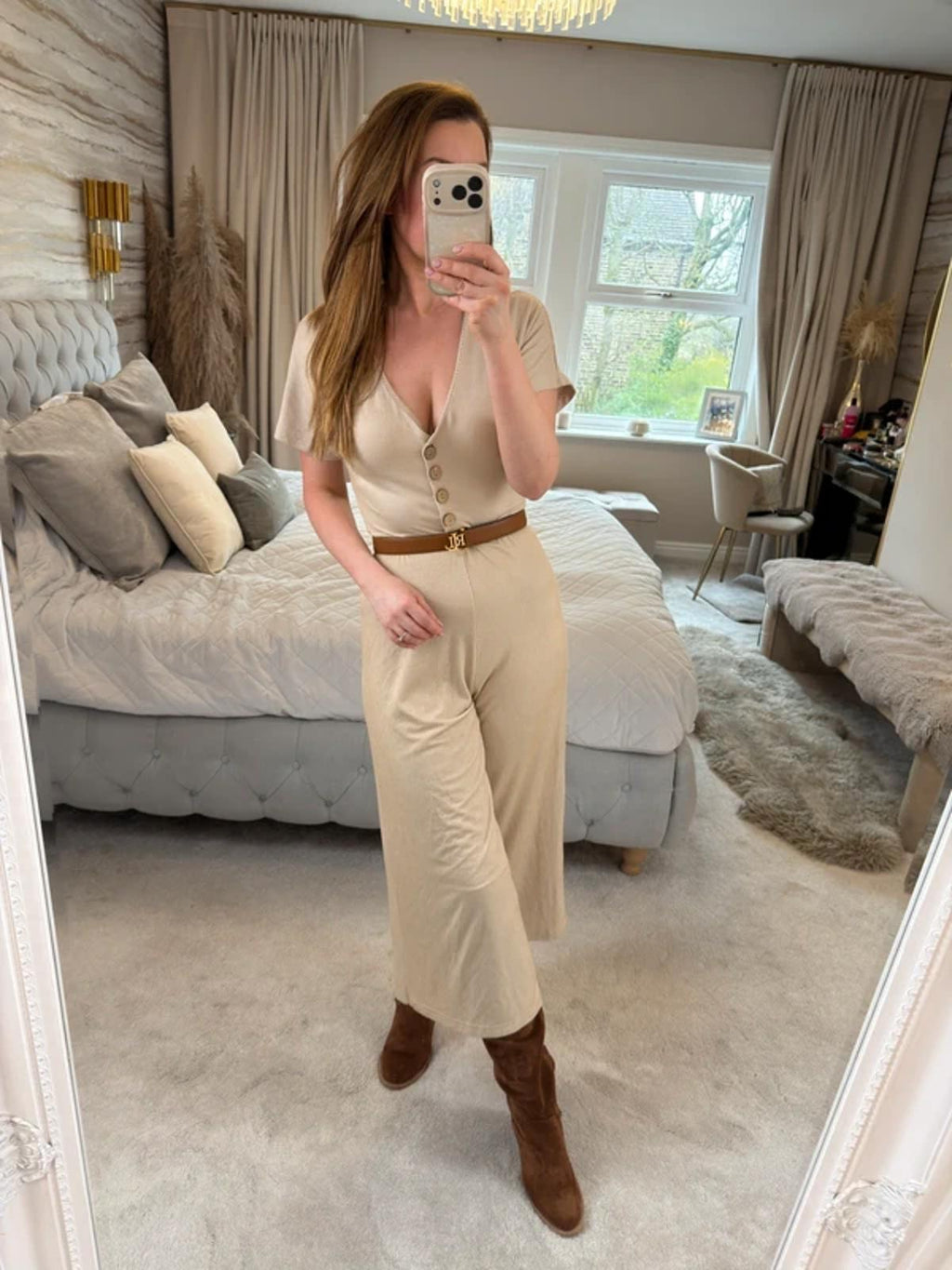 Stradivarius Beige Stripe Cropped Wide Leg Jumpsuit Small