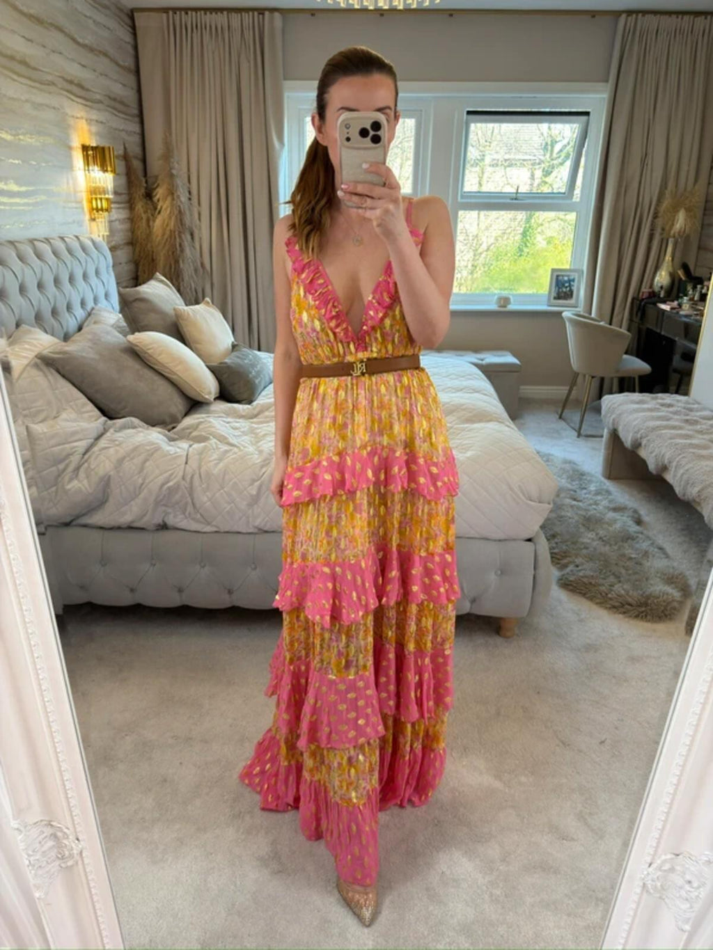 Miss June Pink & Gold Bohemian Maxi Dress One Size
