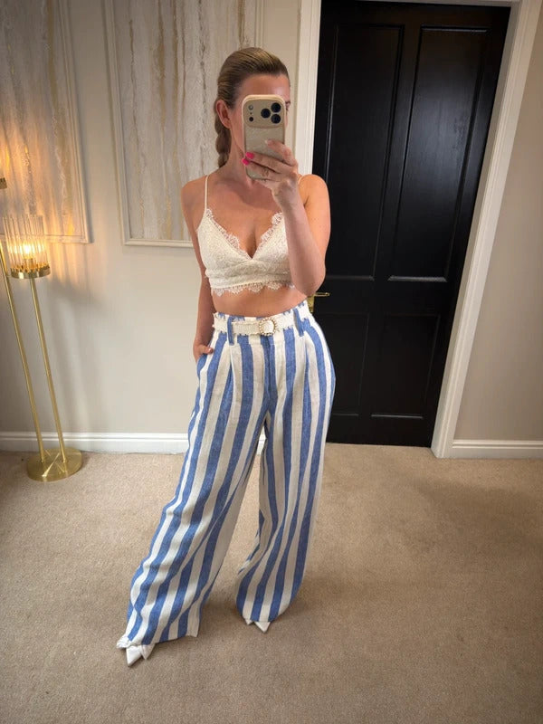 BNWT Boden Blue & White Stripe Wide Leg Linen Trousers 10R