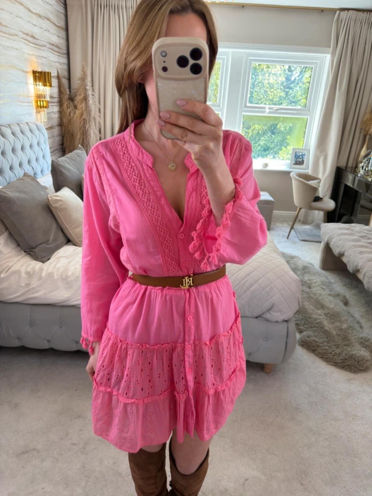 American Flirt Pink 100% Cotton Mini Dress Large