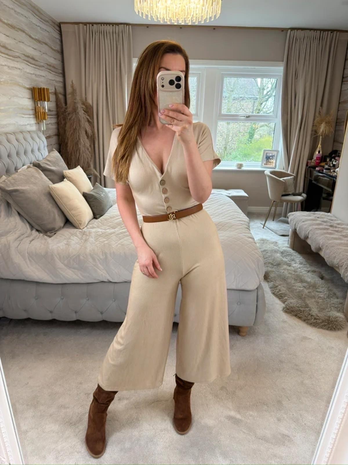 Stradivarius Beige Stripe Cropped Wide Leg Jumpsuit Small