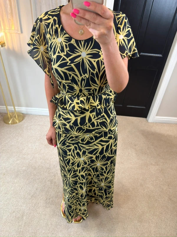 Vintage Roman Black & Butter Yellow Floral Frill Dress