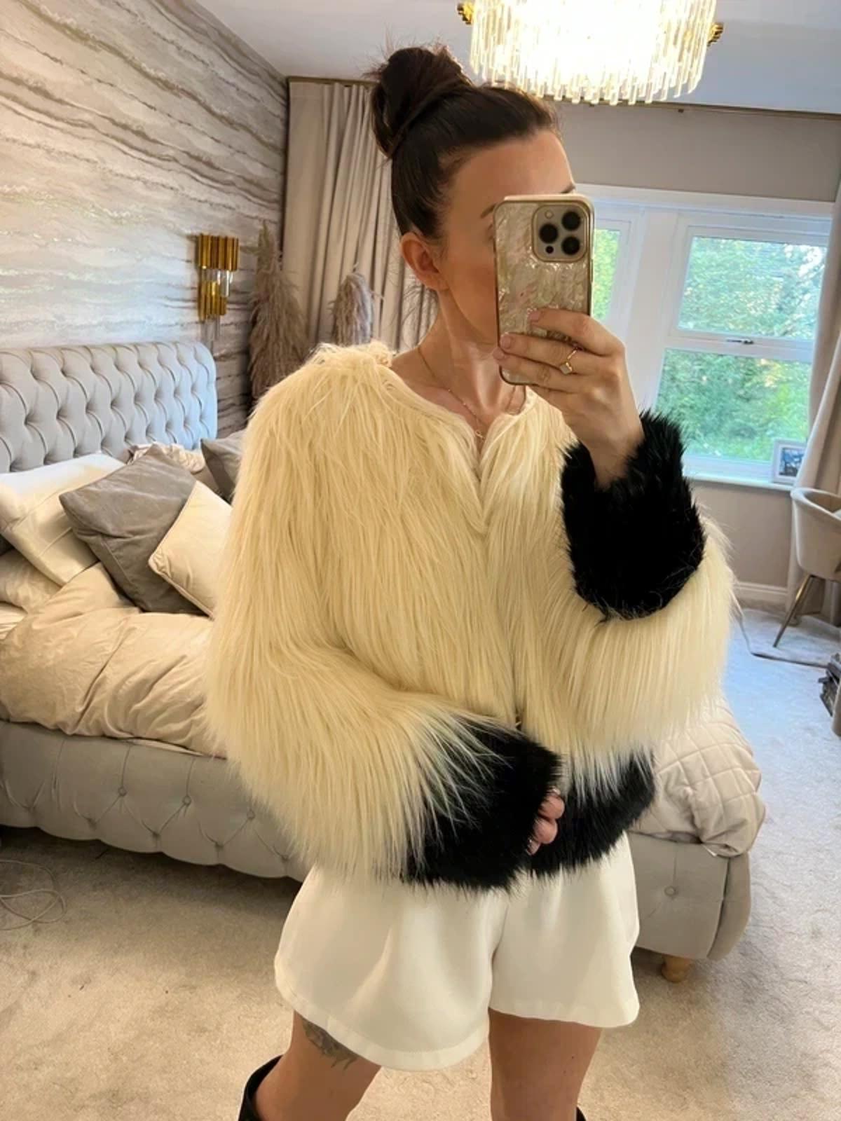 BNWT Unreal Fur Australia Cream & Black Faux Fur Coat Medium
