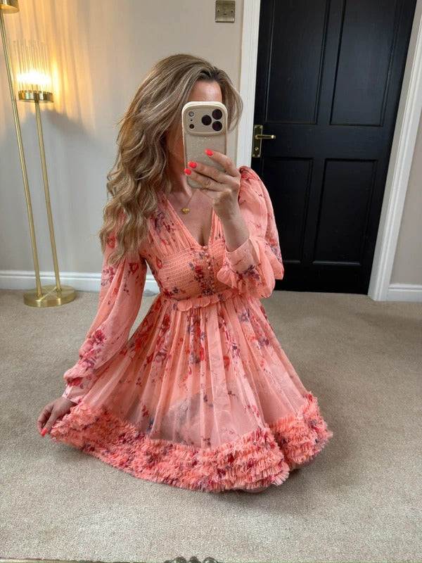 BNWT Anne Louise Boutique Pink Floral Frill Dress 8