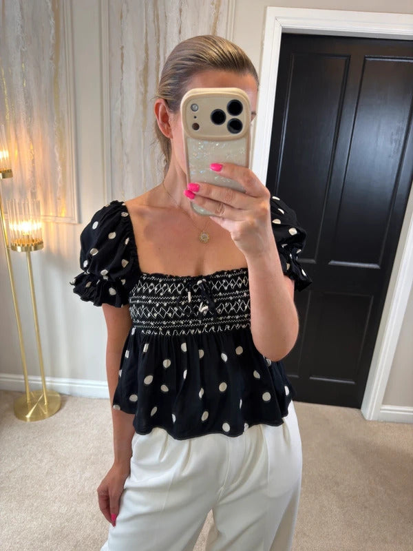 River Island Black Polka Dot Boho Blouse XS