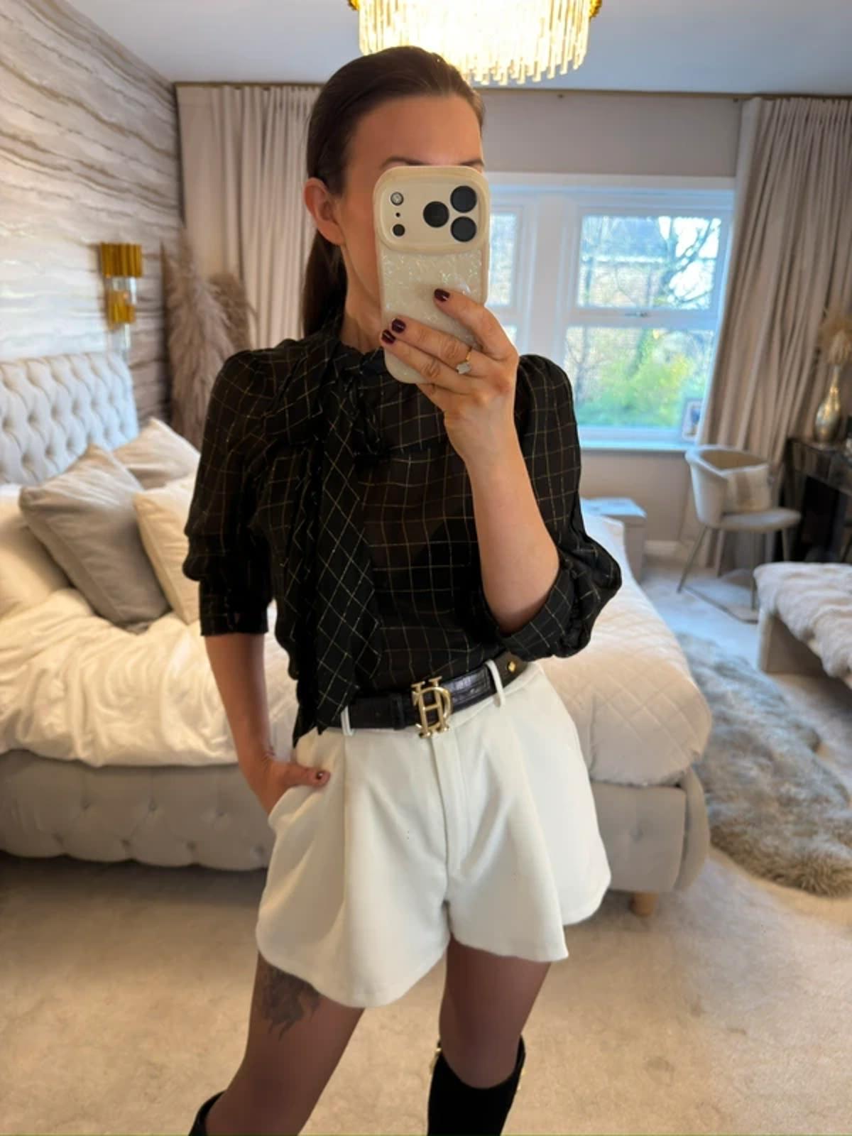 H&M Vintage Sheer Black & Gold Pussy Bow Blouse 10