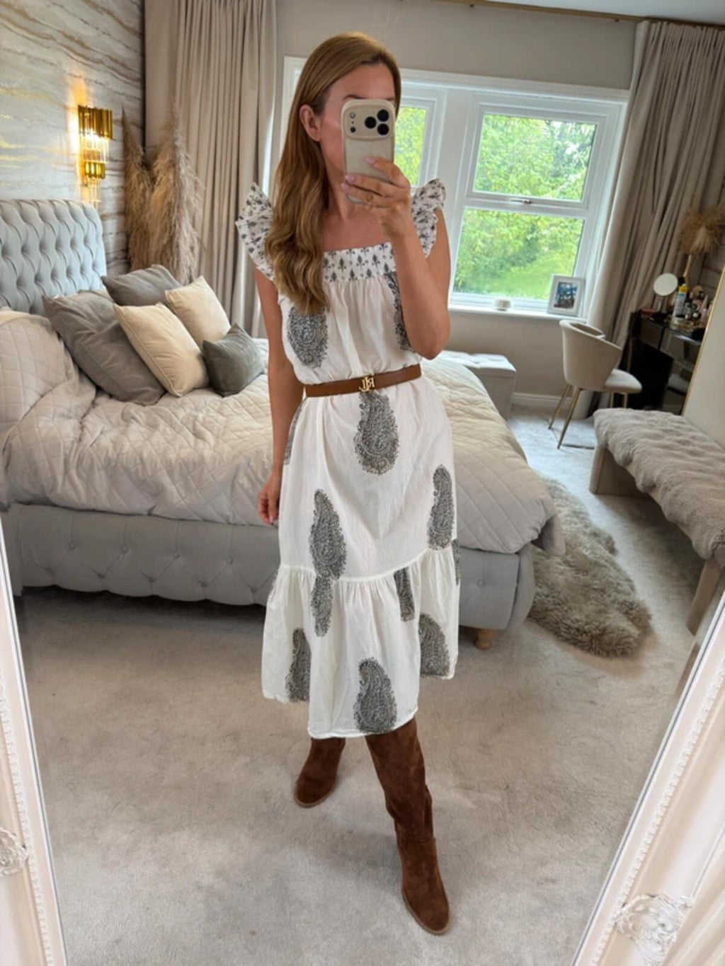 F&F White Paisley Frill Midi Dress 8/10