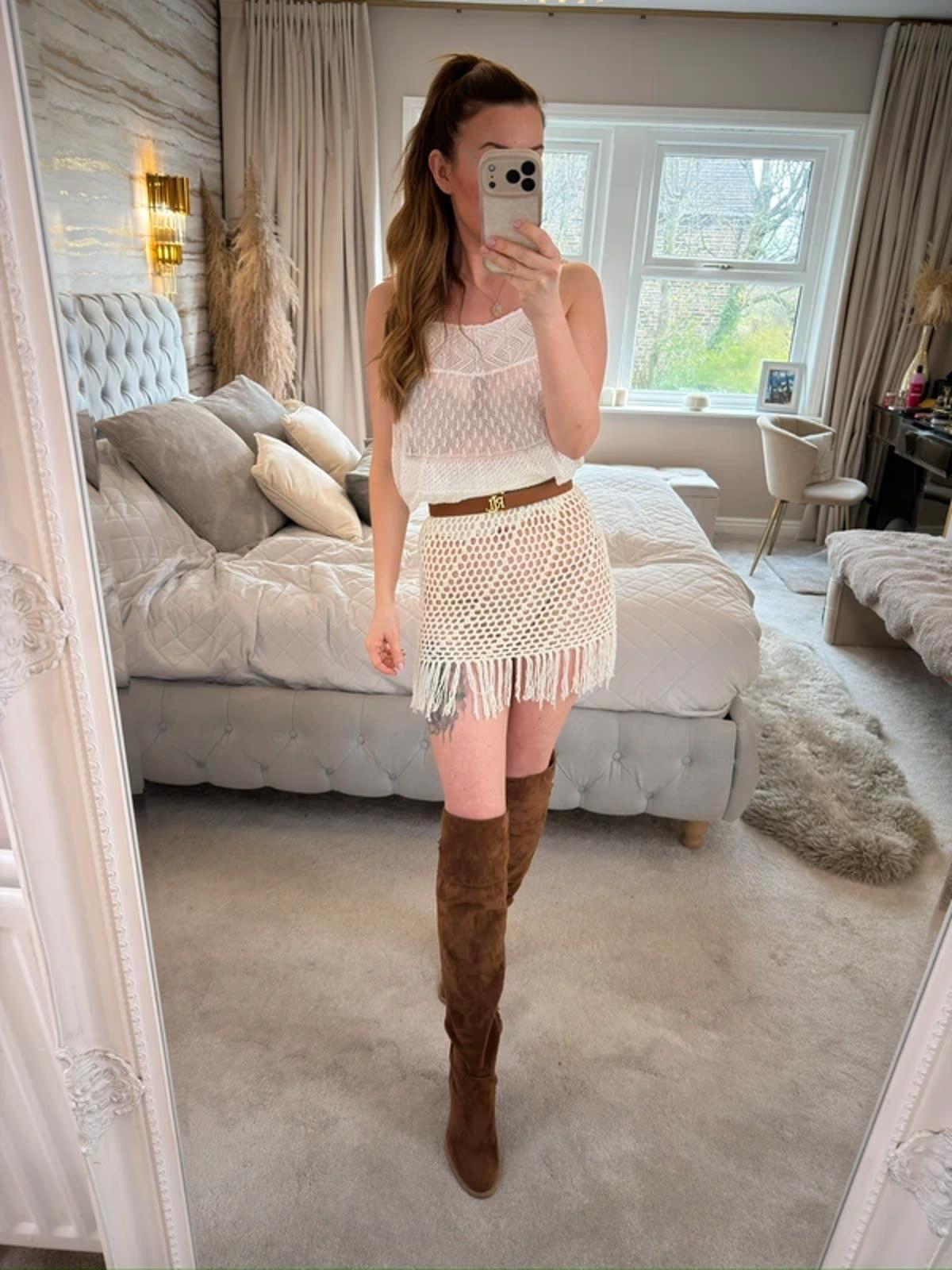 Boohoo Cream Crochet Tassel Boho Mini Skirt XS