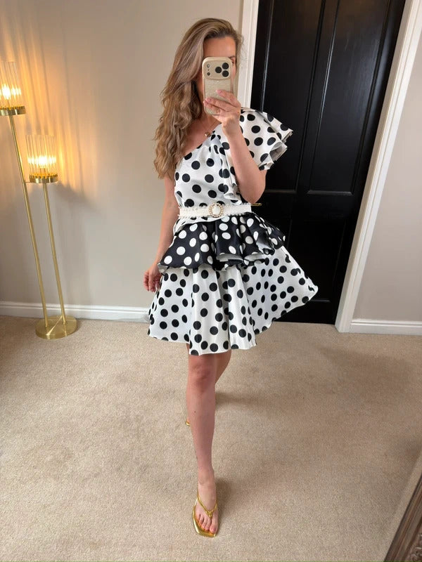 BNWT Forever Unique Black & White Polka Dot Layered One Shoulder Dress 8