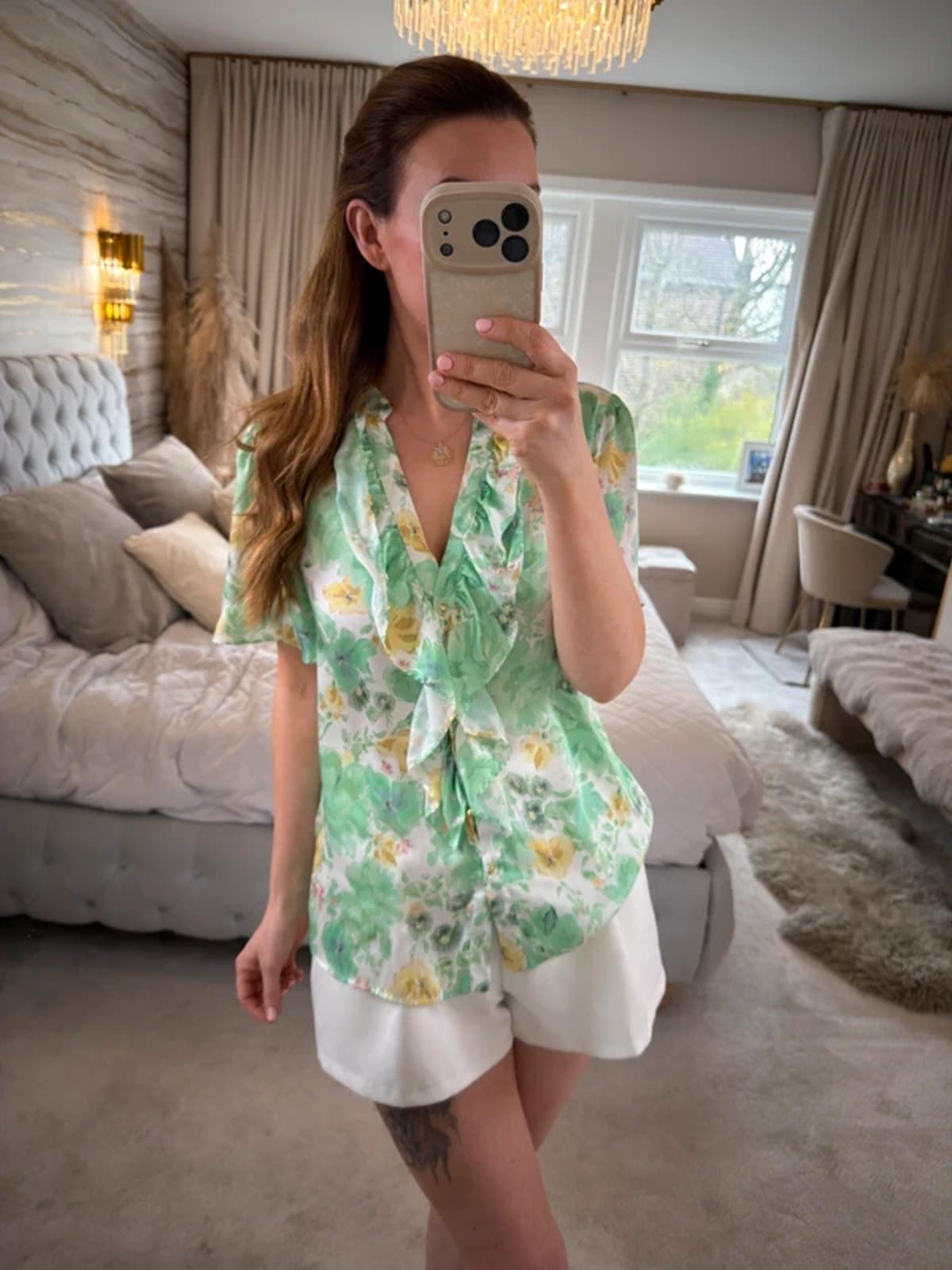 Zara Green Floral Frill Blouse Small