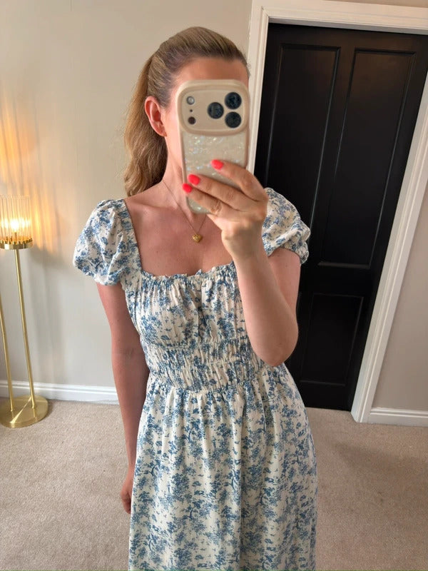 H&M White & Blue Floral Midi Dress Small