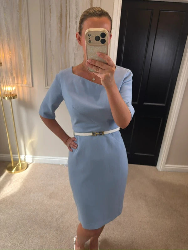 Libby Light Blue Richmond Asymmetrical Neckline Tailored Dress 12
