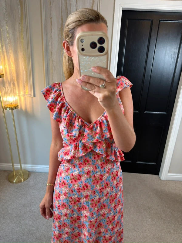 F&F Multicoloured Floral Frill Midi Dress 10